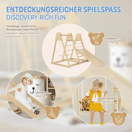 3 en 1 Ensemble d'escalade intérieur 121x127x112 cm bois naturel en MDF avec 2 échelles à grimper/glissière balançoire enfants à partir de 3 ans - Image 4