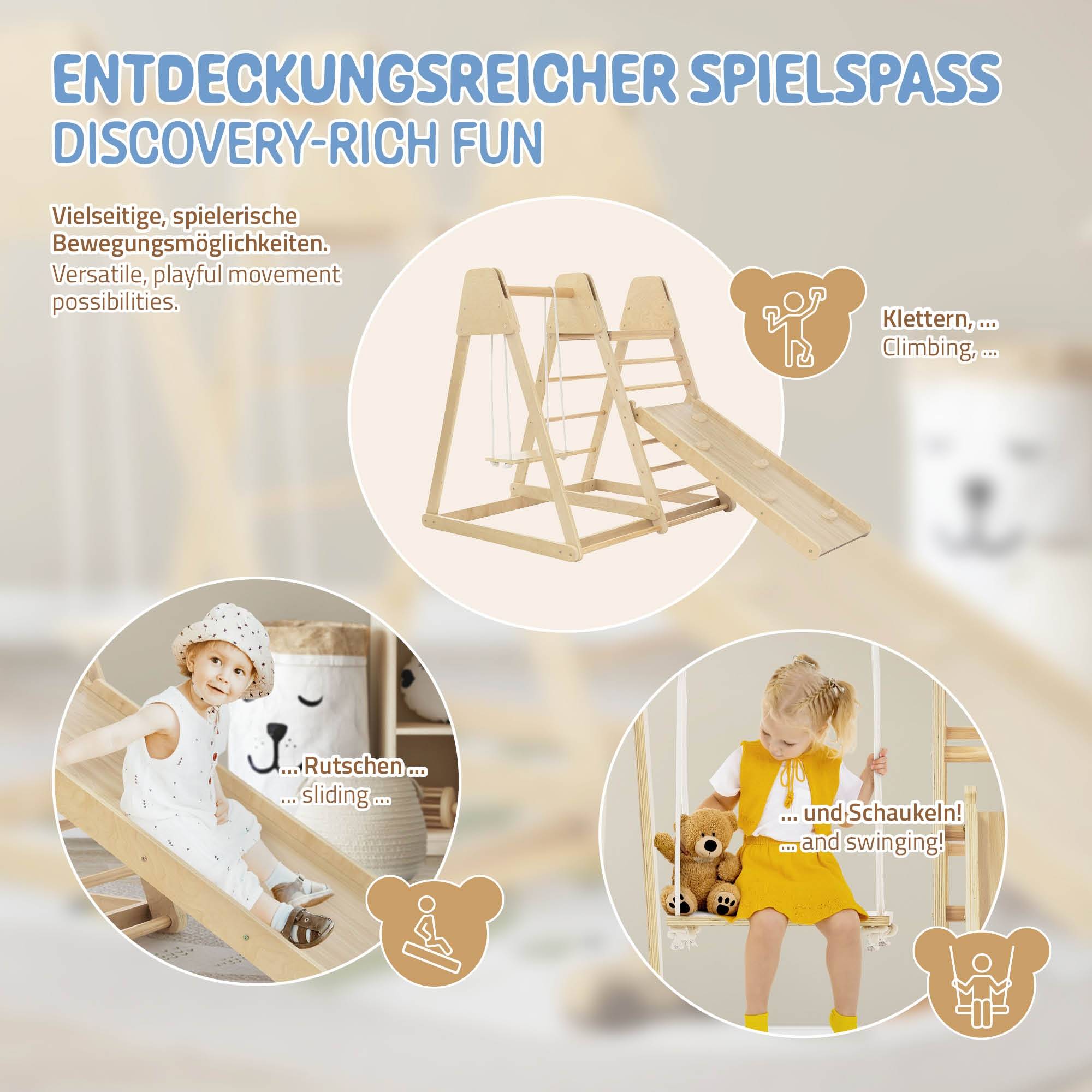 3 en 1 Ensemble d'escalade intérieur 121x127x112 cm bois naturel en MDF avec 2 échelles à grimper/glissière balançoire enfants à partir de 3 ans - Image 4