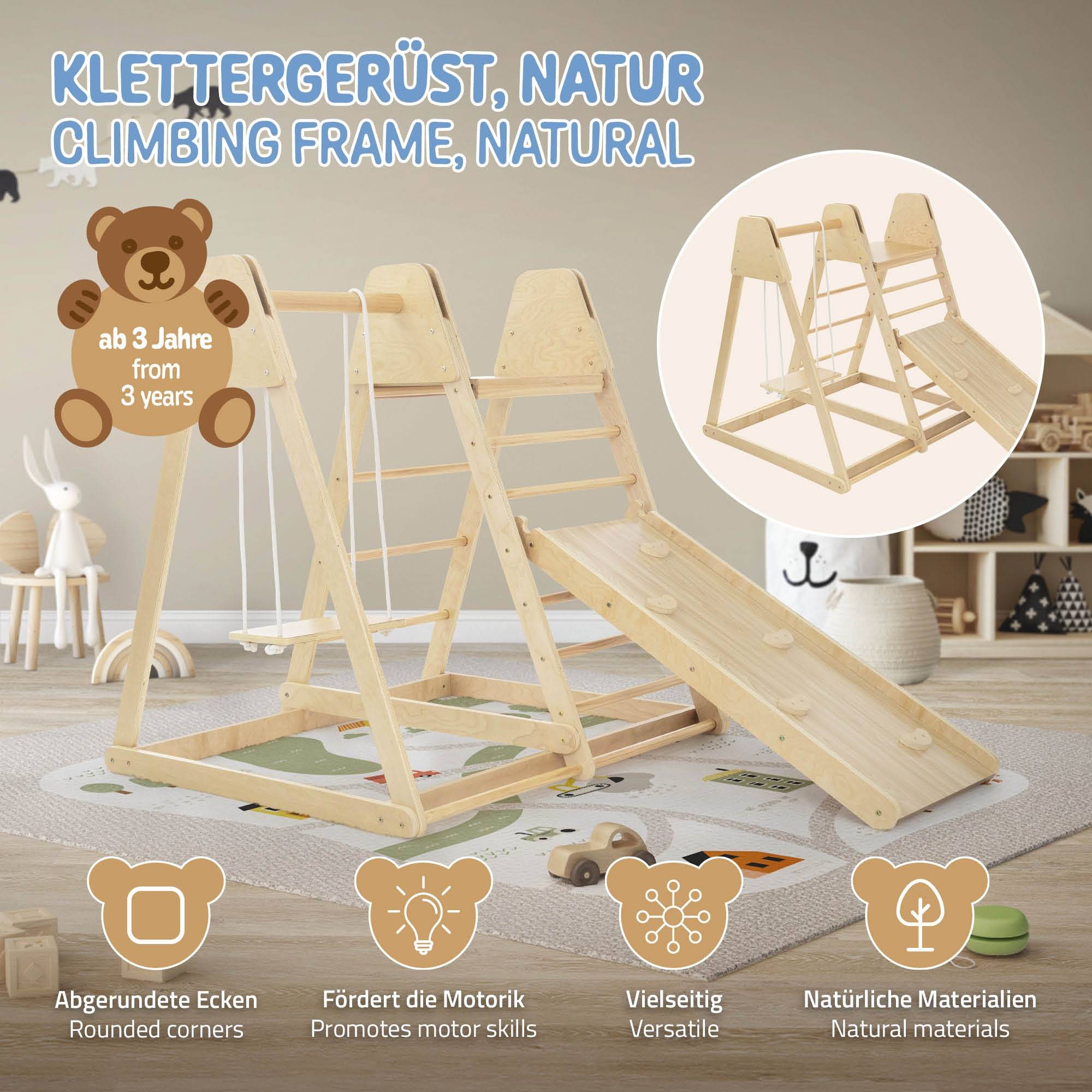 3 en 1 Ensemble d'escalade intérieur 121x127x112 cm bois naturel en MDF avec 2 échelles à grimper/glissière balançoire enfants à partir de 3 ans - Image 2