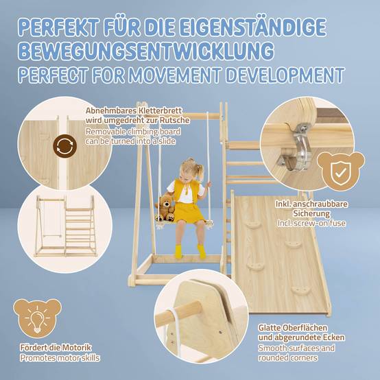 3 en 1 Ensemble d'escalade intérieur 121x127x112 cm bois naturel en MDF avec 2 échelles à grimper/glissière balançoire enfants à partir de 3 ans - Image 3