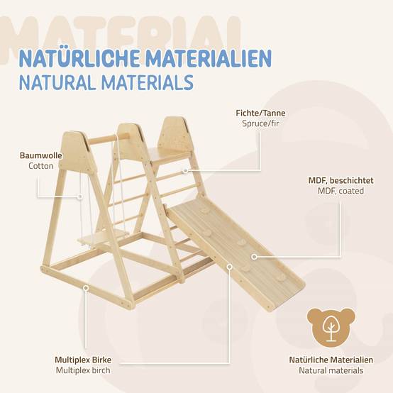 3 en 1 Ensemble d'escalade intérieur 121x127x112 cm bois naturel en MDF avec 2 échelles à grimper/glissière balançoire enfants à partir de 3 ans - Image 6