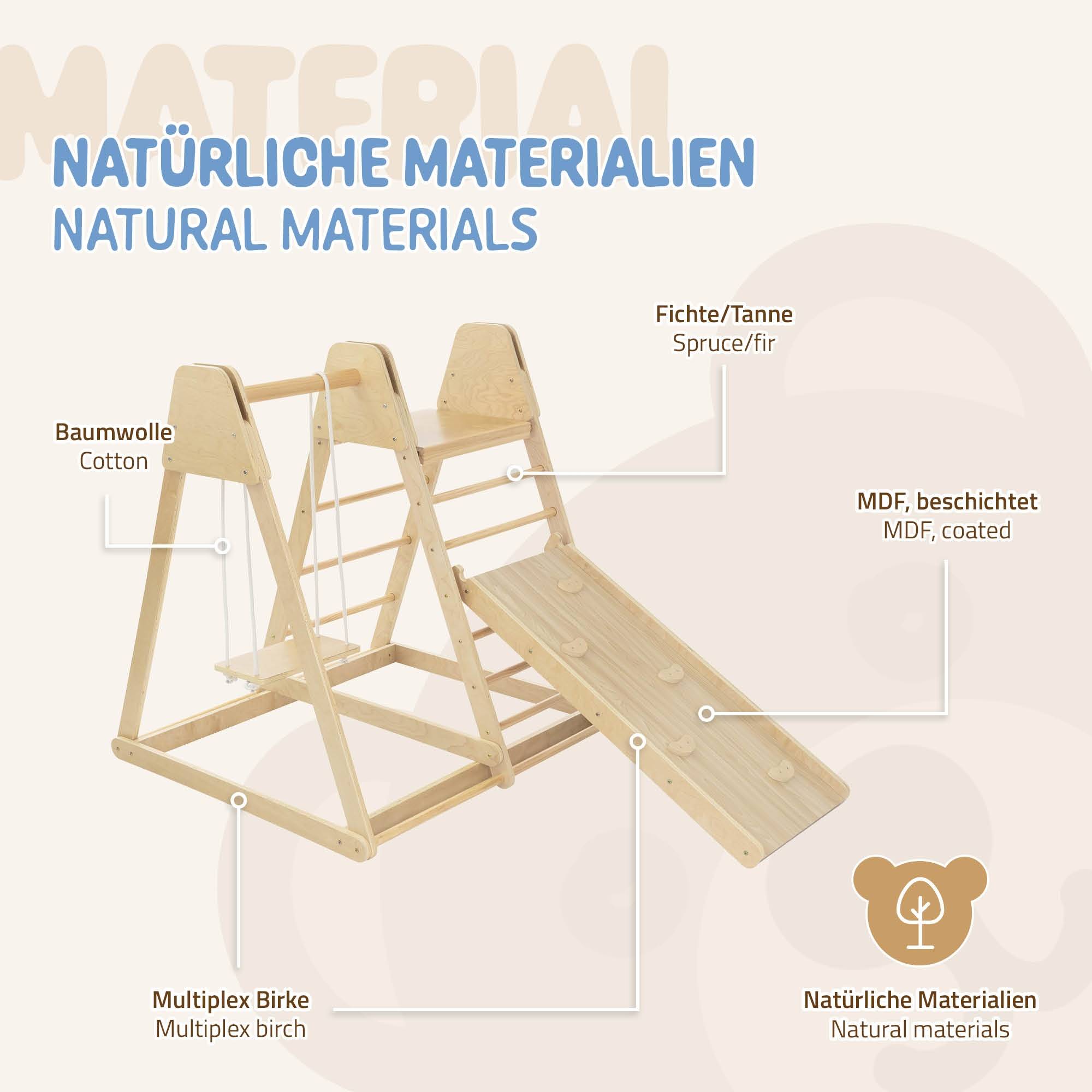 3 en 1 Ensemble d'escalade intérieur 121x127x112 cm bois naturel en MDF avec 2 échelles à grimper/glissière balançoire enfants à partir de 3 ans - Image 6