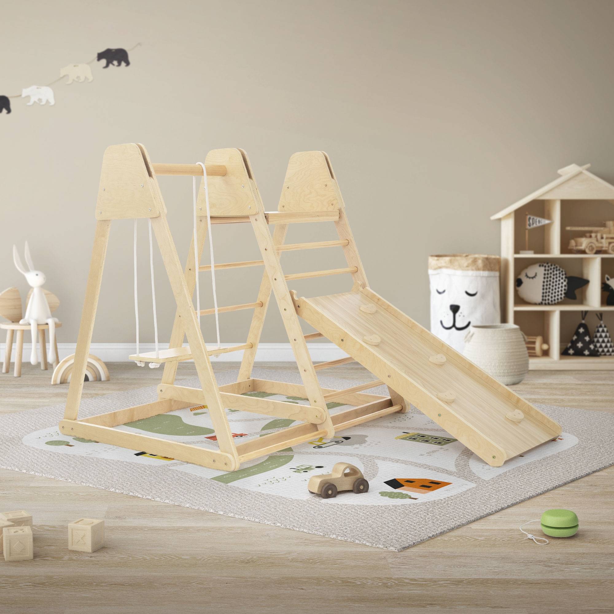 3 en 1 Ensemble d'escalade intérieur 121x127x112 cm bois naturel en MDF avec 2 échelles à grimper/glissière balançoire enfants à partir de 3 ans - Image 8