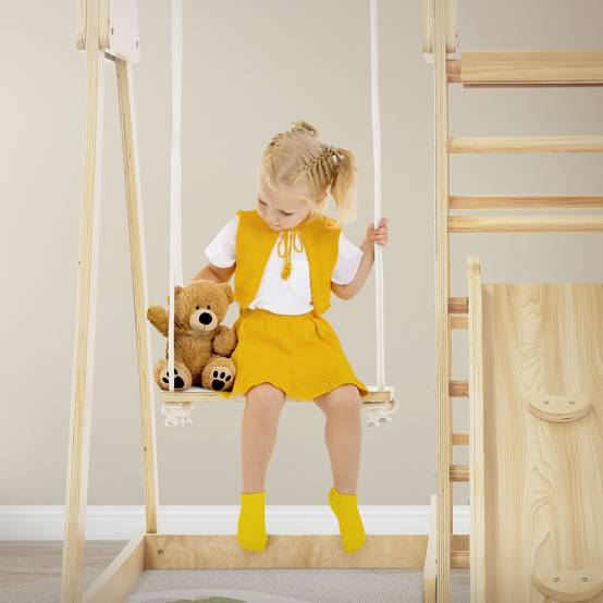 3 en 1 Ensemble d'escalade intérieur 121x127x112 cm bois naturel en MDF avec 2 échelles à grimper/glissière balançoire enfants à partir de 3 ans - Image 9