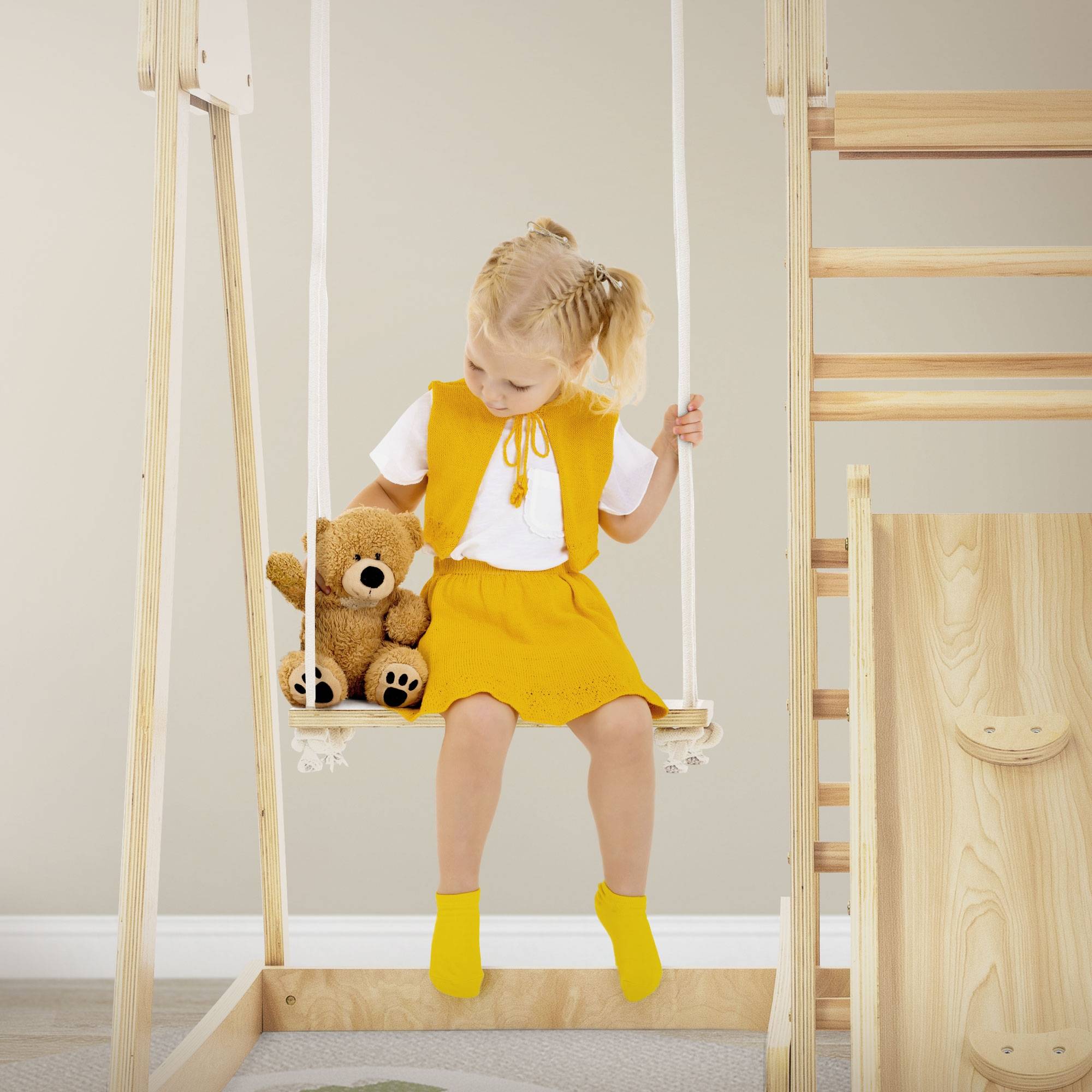 3 en 1 Ensemble d'escalade intérieur 121x127x112 cm bois naturel en MDF avec 2 échelles à grimper/glissière balançoire enfants à partir de 3 ans - Image 9