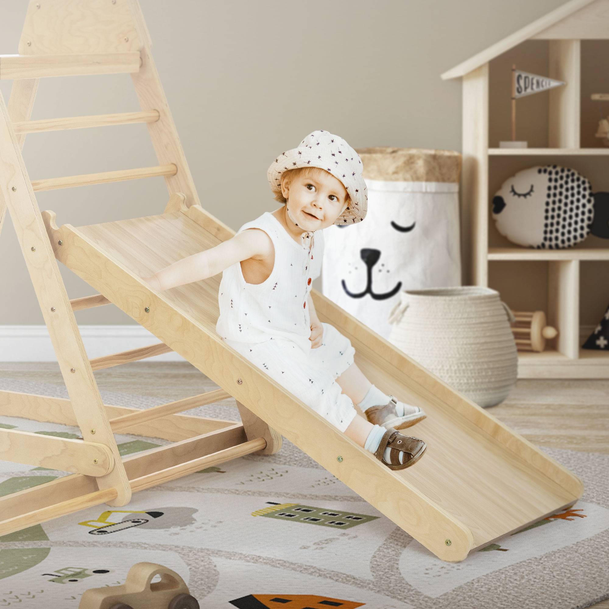 3 en 1 Ensemble d'escalade intérieur 121x127x112 cm bois naturel en MDF avec 2 échelles à grimper/glissière balançoire enfants à partir de 3 ans - Image 10