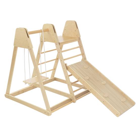 3 en 1 Ensemble d'escalade intérieur 121x127x112 cm bois naturel en MDF avec 2 échelles à grimper/glissière balançoire enfants à partir de 3 ans - Image 1