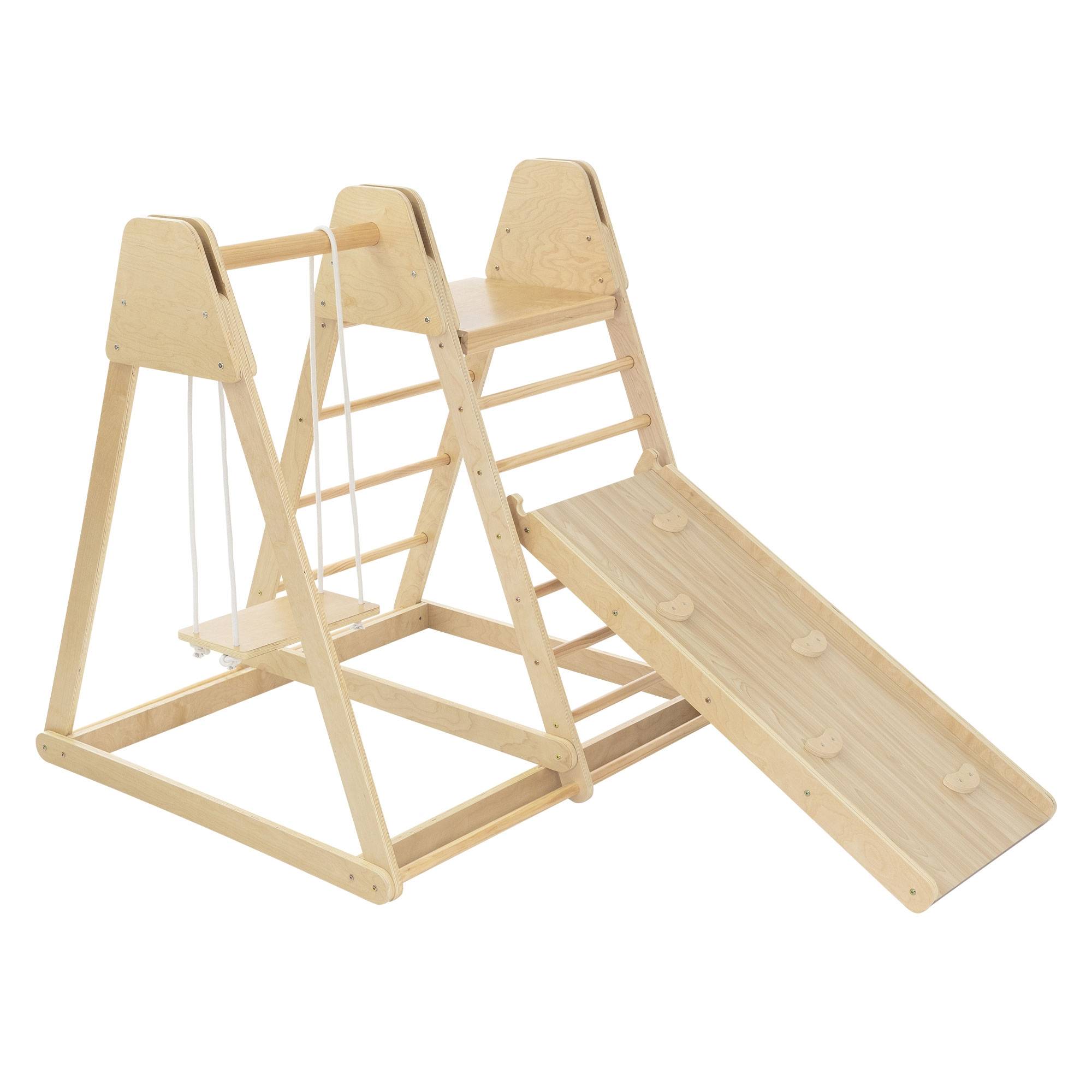 3 en 1 Ensemble d'escalade intérieur 121x127x112 cm bois naturel en MDF avec 2 échelles à grimper/glissière balançoire enfants à partir de 3 ans
