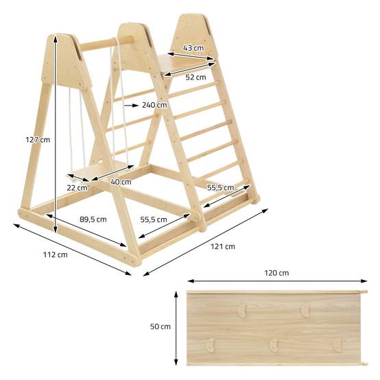 3 en 1 Ensemble d'escalade intérieur 121x127x112 cm bois naturel en MDF avec 2 échelles à grimper/glissière balançoire enfants à partir de 3 ans - Image 7