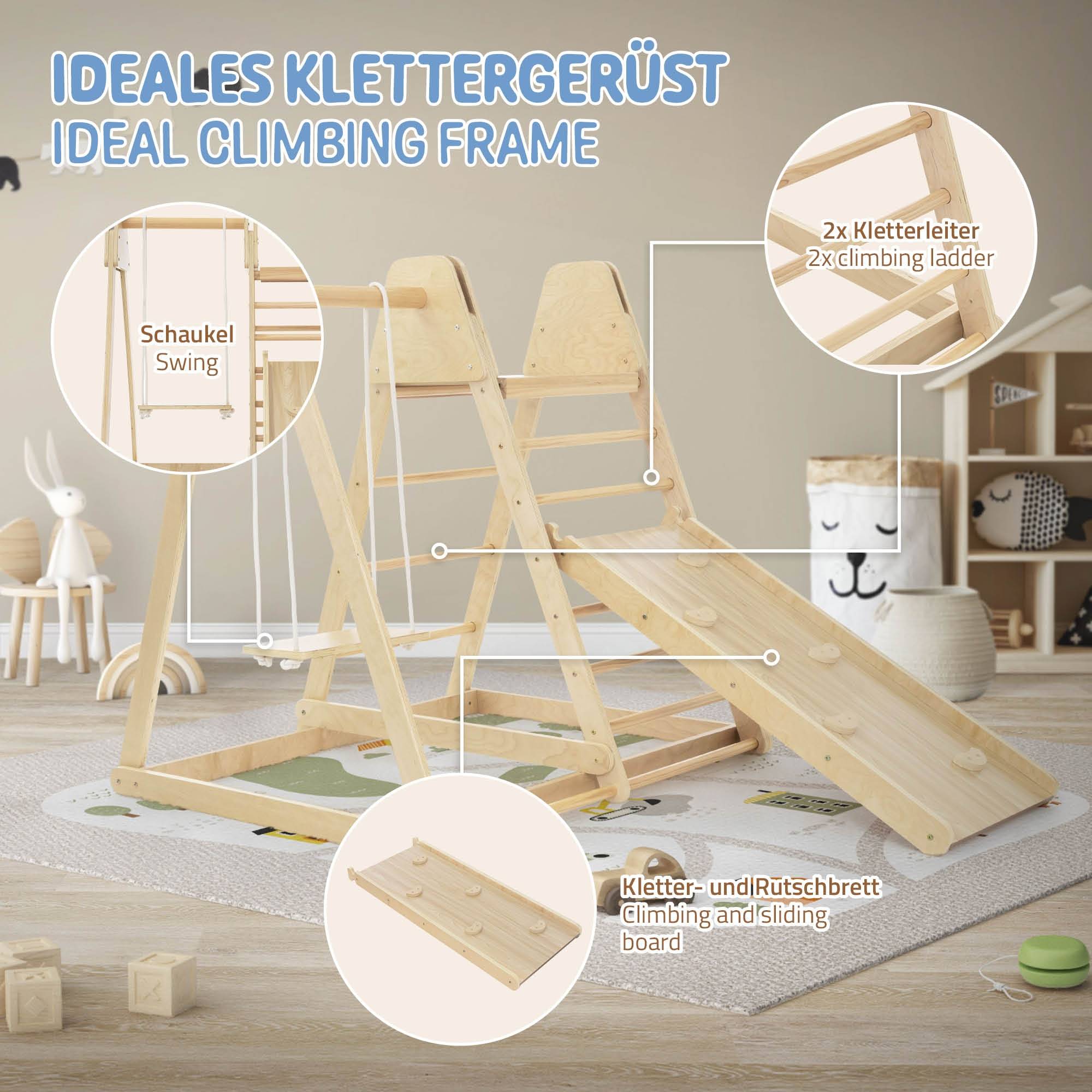 3 en 1 Ensemble d'escalade intérieur 121x127x112 cm bois naturel en MDF avec 2 échelles à grimper/glissière balançoire enfants à partir de 3 ans - Image 5