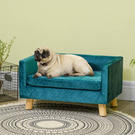 Sans Marque - Petit canapé pour chien 64x45x36 cm, recouvert de velours, avec coussin lavable et pieds en bois de bouleau bleu-vert - Image 4