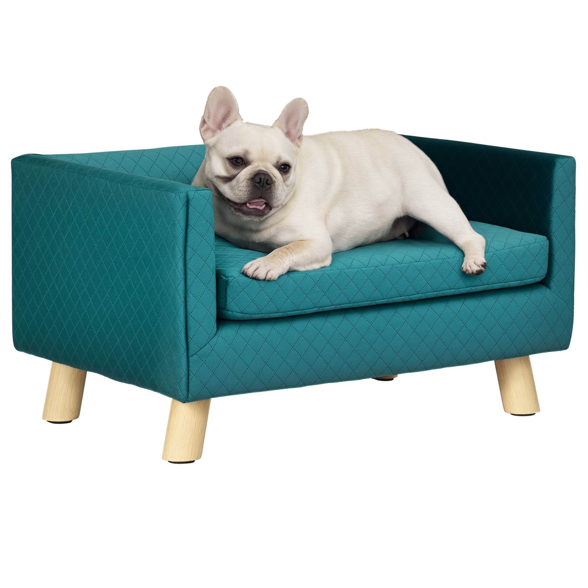 Sans Marque - Petit canapé pour chien 64x45x36 cm, recouvert de velours, avec coussin lavable et pieds en bois de bouleau bleu-vert - Image 1