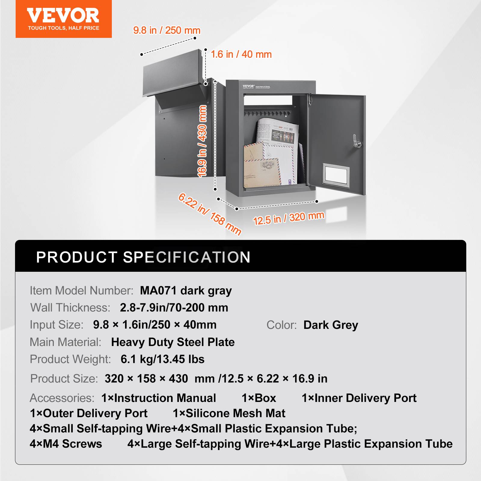 VEVOR Boîte aux lettres encastrable mur, 320x158x430 mm. Serrure code, gris foncé. - Image 7