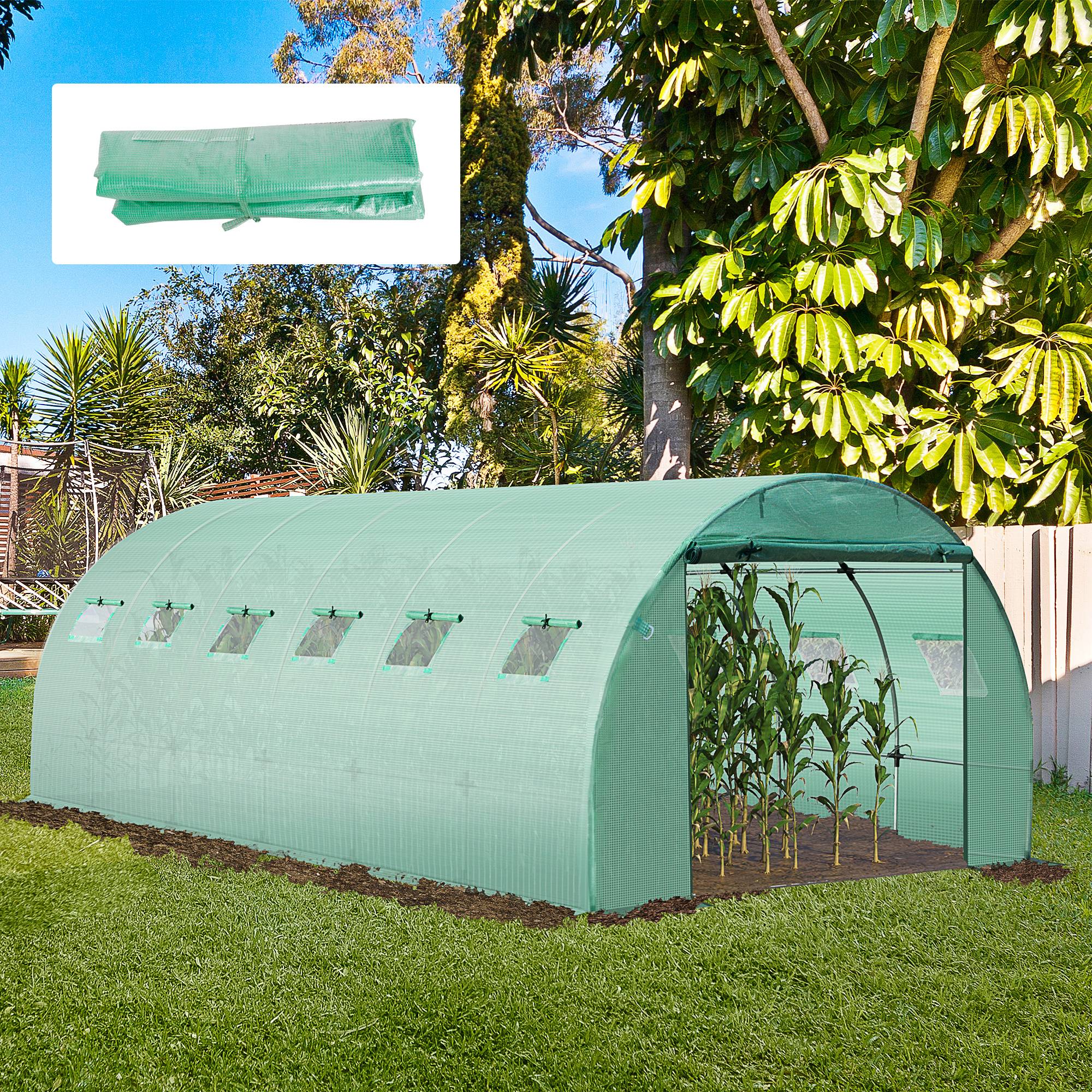 Outsunny - Bâche de rechange serre tunnel 18 m², bâche dim. 6L x 3l x 2H m PE anti-UV imperméable 12 fenêtres + porte enroulable zippée vert - Outsunny - Image 2