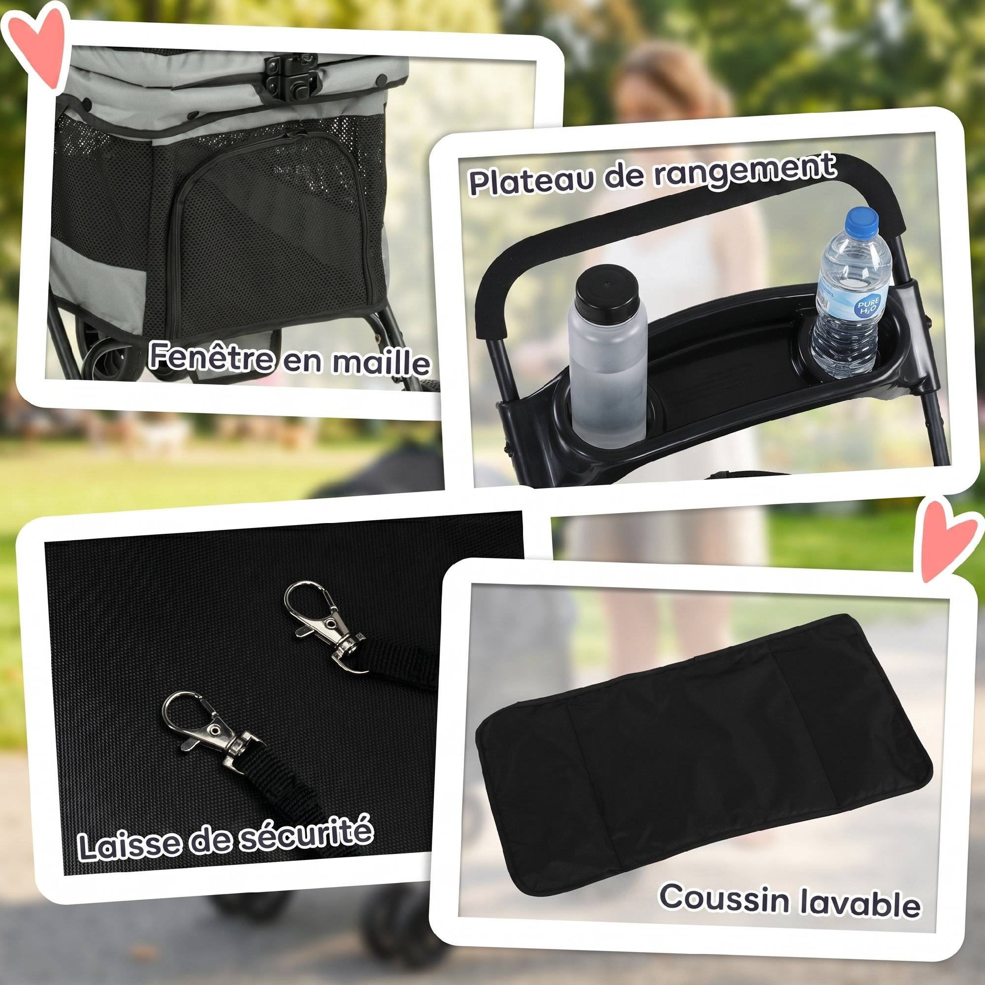 Poussette pour Chien Pliable, 4 Roues EVA, Fenêtres en Maille, Laisses de Sécurité, Coussin Amovible, 73x50x96cm, Gris - Image 9