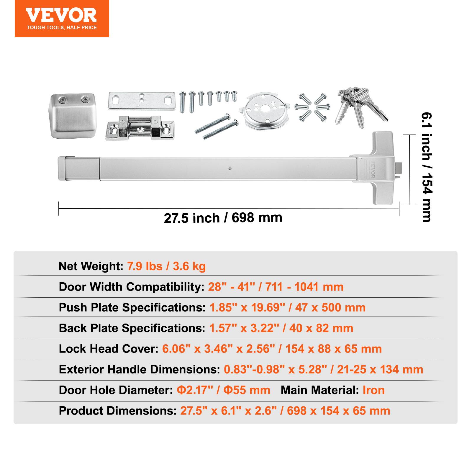 VEVOR Serrure anti-panique universelle, largeur porte 71-104 cm, barre 1 carré. Évacuation rapide, commerce. - Image 7