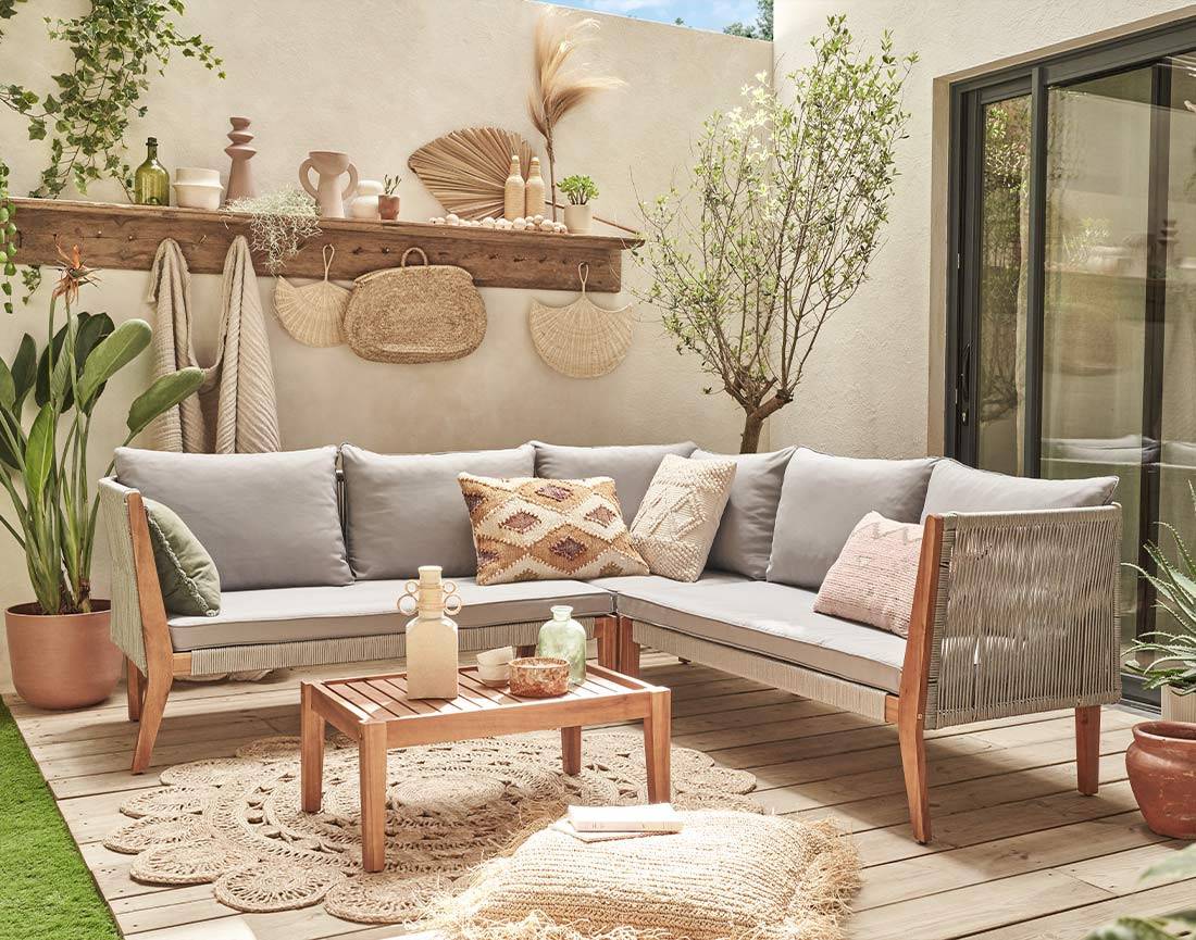 Best Mobilier - Papua - salon bas de jardin 5 places - bois, corde et coussins gris - Best Mobilier - Image 2