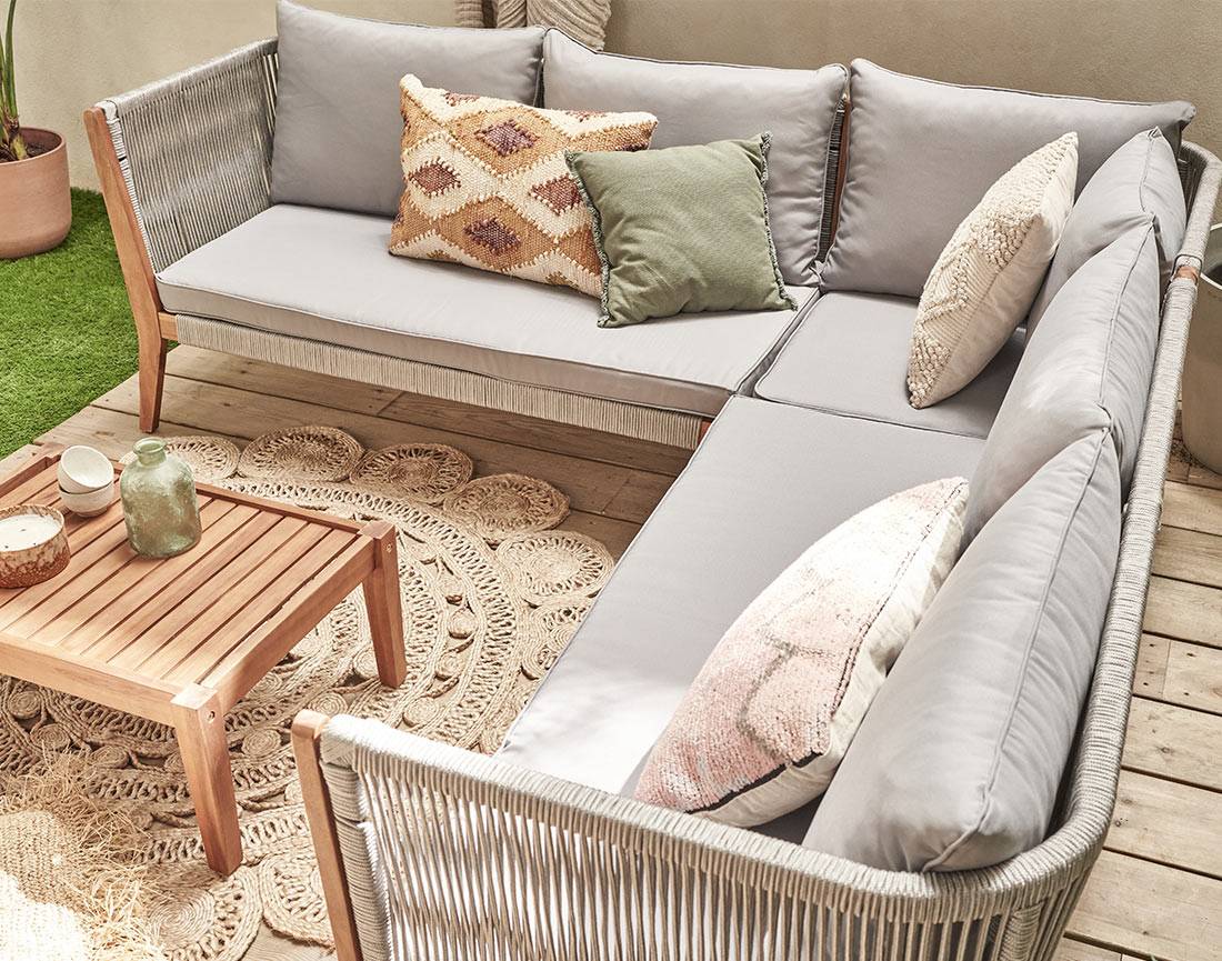 Best Mobilier - Papua - salon bas de jardin 5 places - bois, corde et coussins gris - Best Mobilier - Image 4