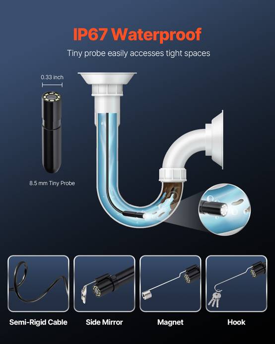 VEVOR Endoscope 5m cable semi-rigide, Full HD pour Android/iOS, 8 LED reglables, zoom, IP67. Pour auto et plomberie. - Image 6