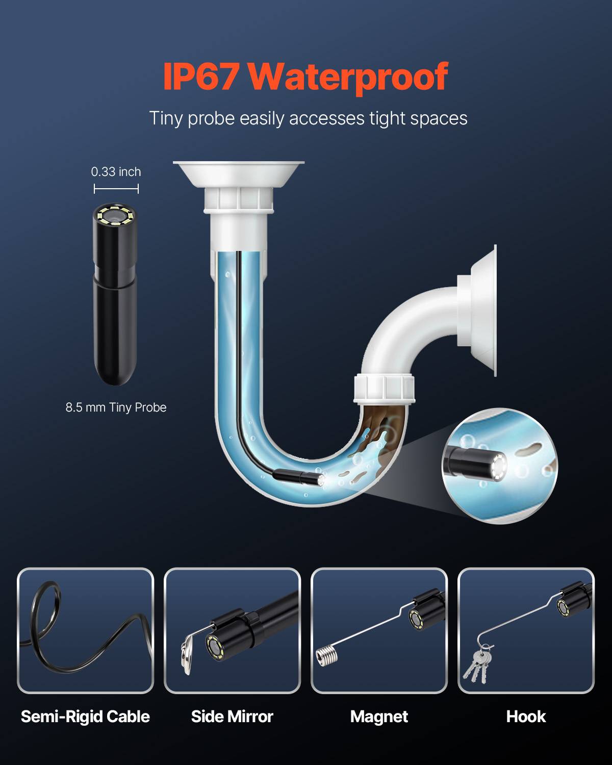VEVOR Endoscope 5m cable semi-rigide, Full HD pour Android/iOS, 8 LED reglables, zoom, IP67. Pour auto et plomberie. - Image 6