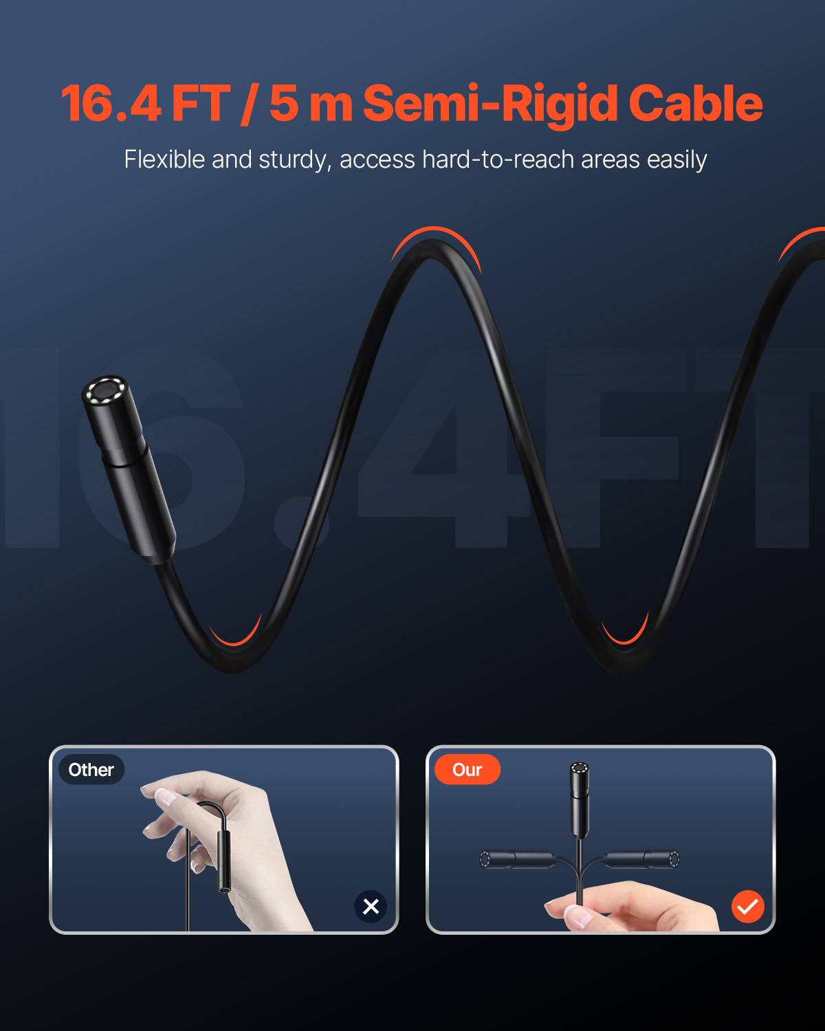 VEVOR Endoscope 5m cable semi-rigide, Full HD pour Android/iOS, 8 LED reglables, zoom, IP67. Pour auto et plomberie. - Image 2