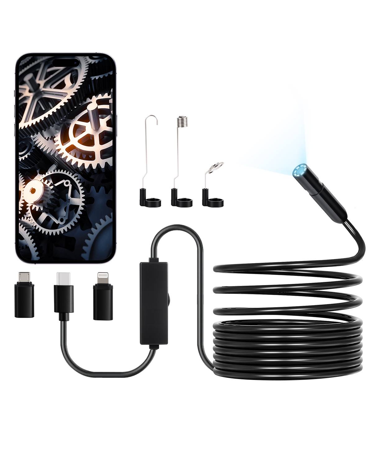 VEVOR Endoscope 5m cable semi-rigide, Full HD pour Android/iOS, 8 LED reglables, zoom, IP67. Pour auto et plomberie. - Image 1