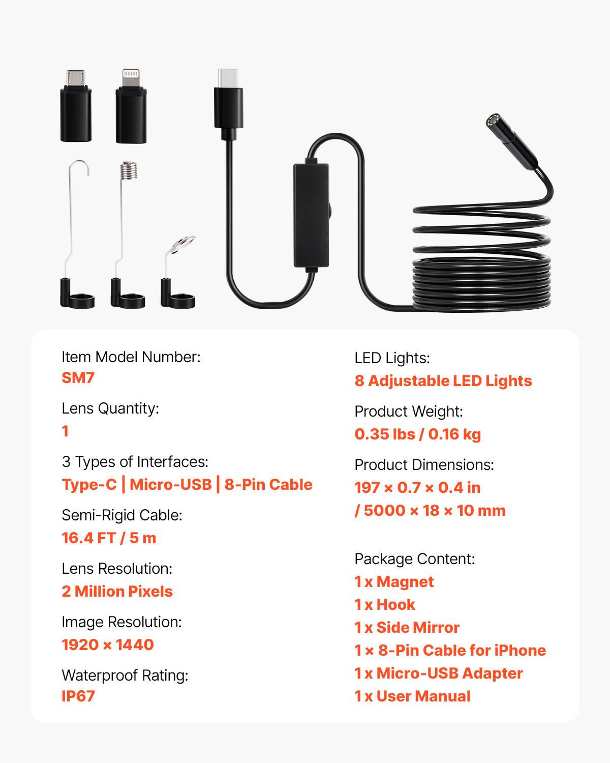 VEVOR Endoscope 5m cable semi-rigide, Full HD pour Android/iOS, 8 LED reglables, zoom, IP67. Pour auto et plomberie. - Image 7