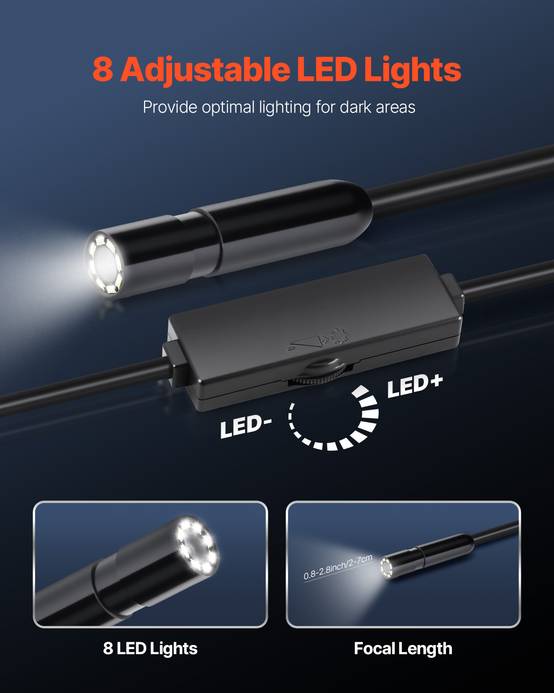 VEVOR Endoscope 5m cable semi-rigide, Full HD pour Android/iOS, 8 LED reglables, zoom, IP67. Pour auto et plomberie. - Image 5