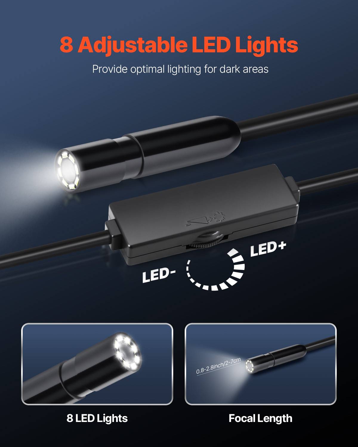 VEVOR Endoscope 5m cable semi-rigide, Full HD pour Android/iOS, 8 LED reglables, zoom, IP67. Pour auto et plomberie. - Image 5