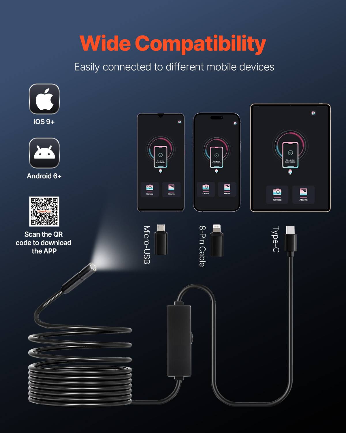 VEVOR Endoscope 5m cable semi-rigide, Full HD pour Android/iOS, 8 LED reglables, zoom, IP67. Pour auto et plomberie. - Image 4
