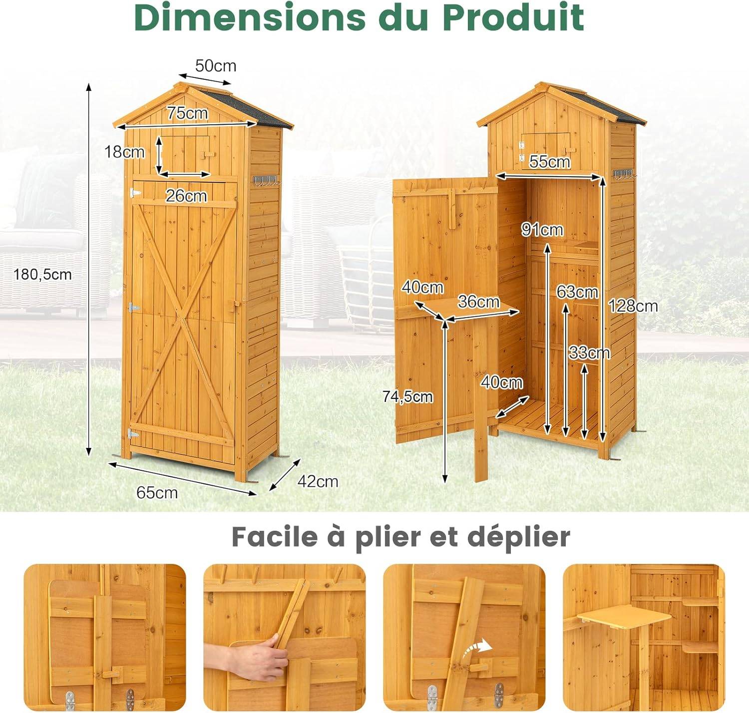 Abri de Jardin Extérieure 180,5 cm avec 3 Etagères Amovibles Table Pliable 8 Crochets de Suspension - Image 5