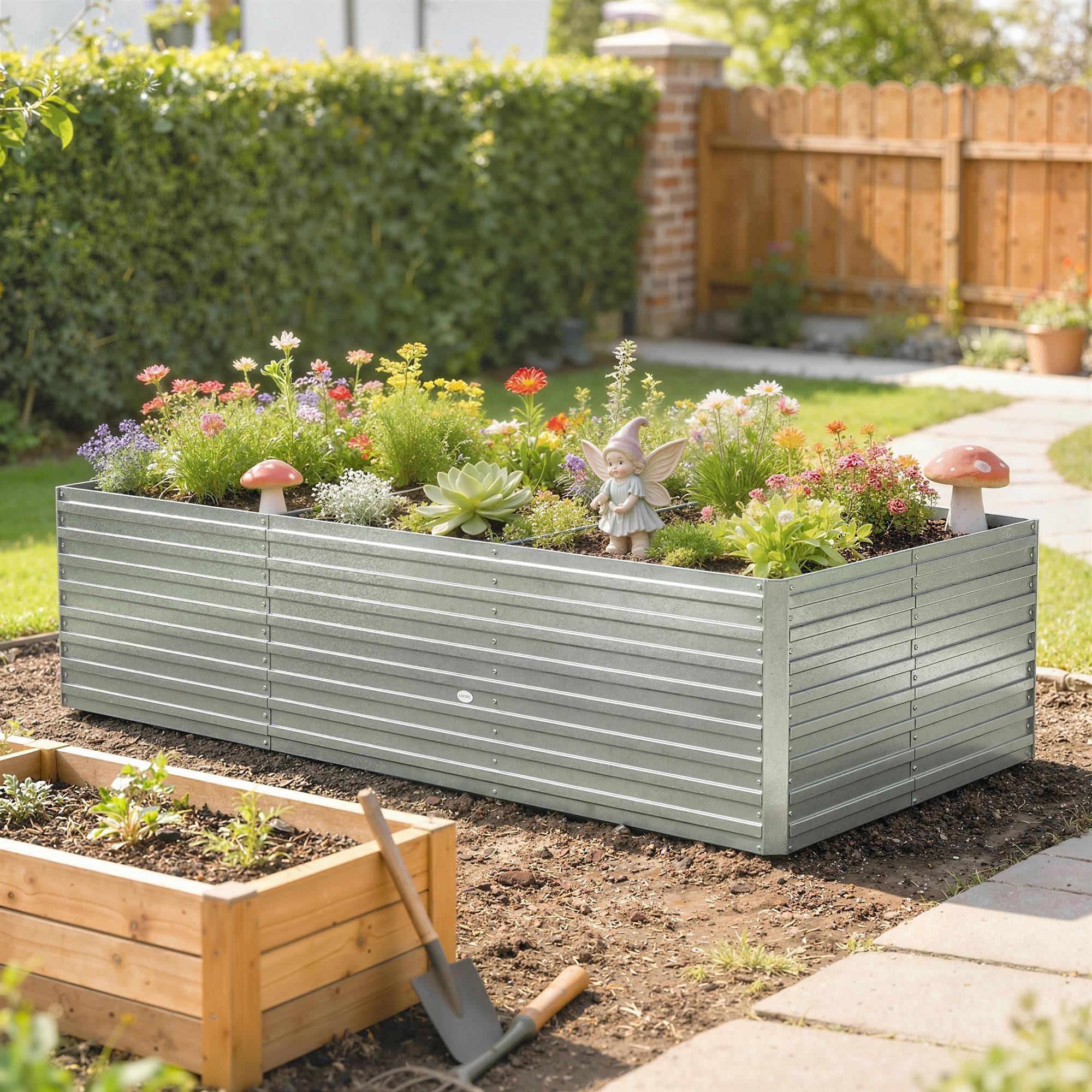Sans Marque - Jardinière extérieur surélevée galvanisée bordure sécurité fond ouvert 240x120x60 cm gris argenté - Image 3
