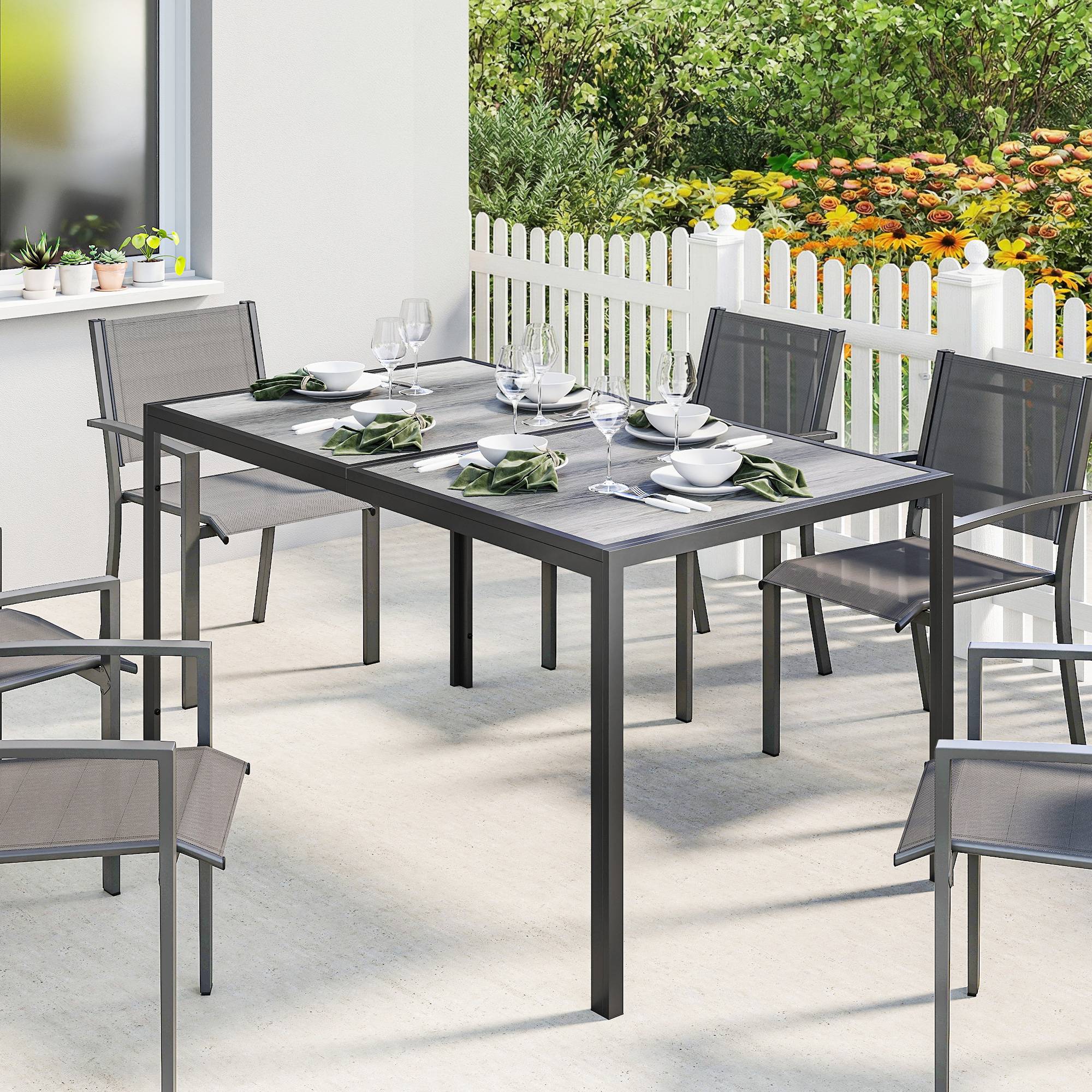 Table de jardin rectangulaire acier patio effet bois 4-6 places gris - ComfortXL Outdoor Living - Image 9
