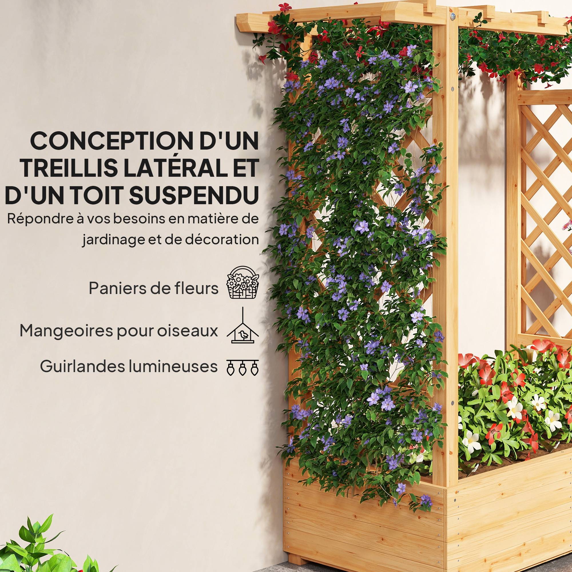 Sans Marque - Jardinière surélevée avec treillis latéral et supérieur, bac à fleurs trous de drainage, 110x44x113cm, bois naturel - Image 7