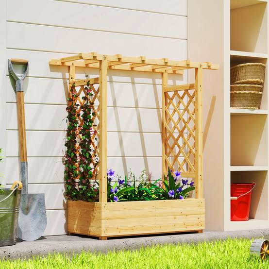 Sans Marque - Jardinière surélevée avec treillis latéral et supérieur, bac à fleurs trous de drainage, 110x44x113cm, bois naturel - Image 3