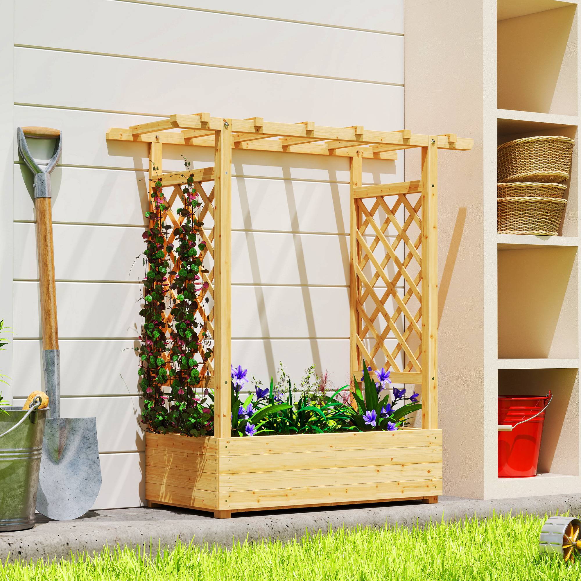 Sans Marque - Jardinière surélevée avec treillis latéral et supérieur, bac à fleurs trous de drainage, 110x44x113cm, bois naturel - Image 3