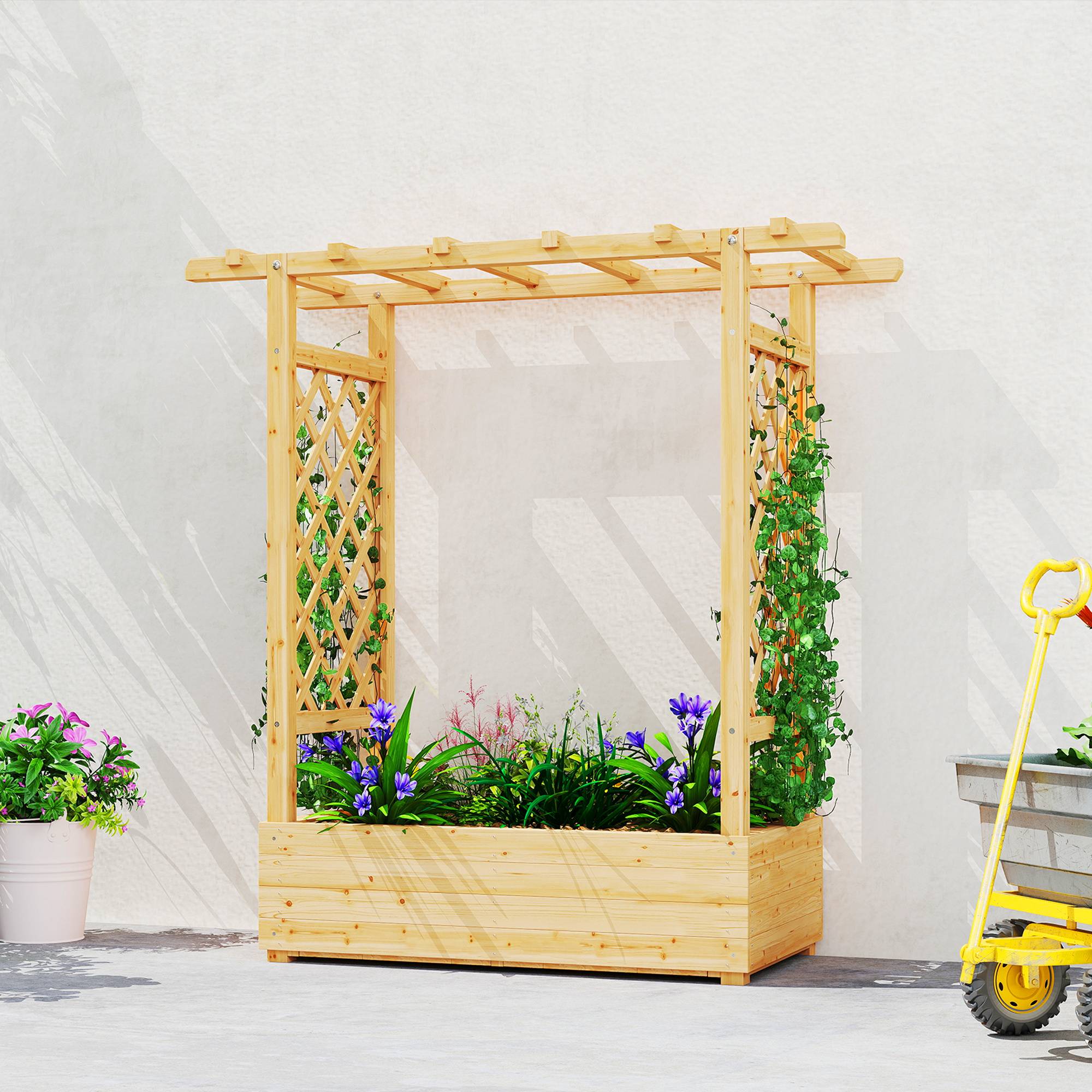 Sans Marque - Jardinière surélevée avec treillis latéral et supérieur, bac à fleurs trous de drainage, 110x44x113cm, bois naturel - Image 4