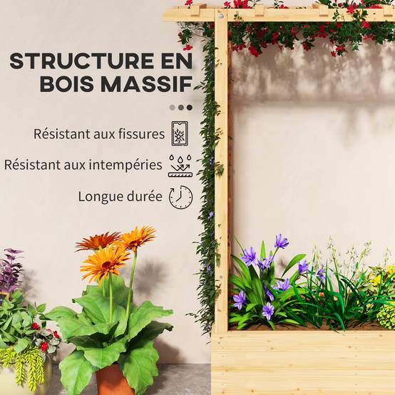 Sans Marque - Jardinière surélevée avec treillis latéral et supérieur, bac à fleurs trous de drainage, 110x44x113cm, bois naturel - Image 9