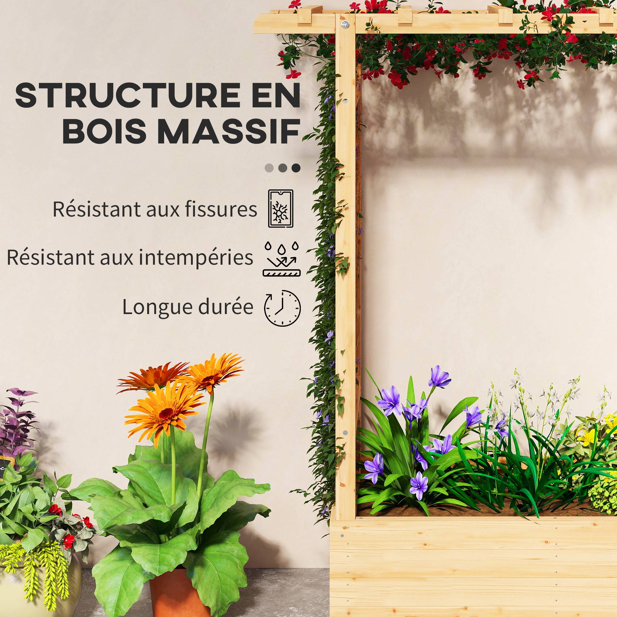 Sans Marque - Jardinière surélevée avec treillis latéral et supérieur, bac à fleurs trous de drainage, 110x44x113cm, bois naturel - Image 9