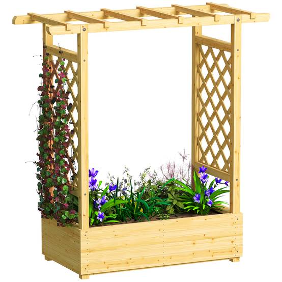 Sans Marque - Jardinière surélevée avec treillis latéral et supérieur, bac à fleurs trous de drainage, 110x44x113cm, bois naturel - Image 1