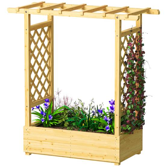 Sans Marque - Jardinière surélevée avec treillis latéral et supérieur, bac à fleurs trous de drainage, 110x44x113cm, bois naturel - Image 2