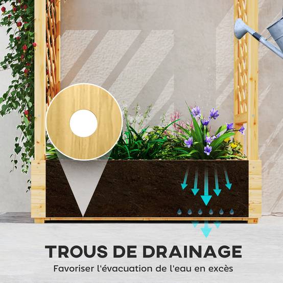 Sans Marque - Jardinière surélevée avec treillis latéral et supérieur, bac à fleurs trous de drainage, 110x44x113cm, bois naturel - Image 8