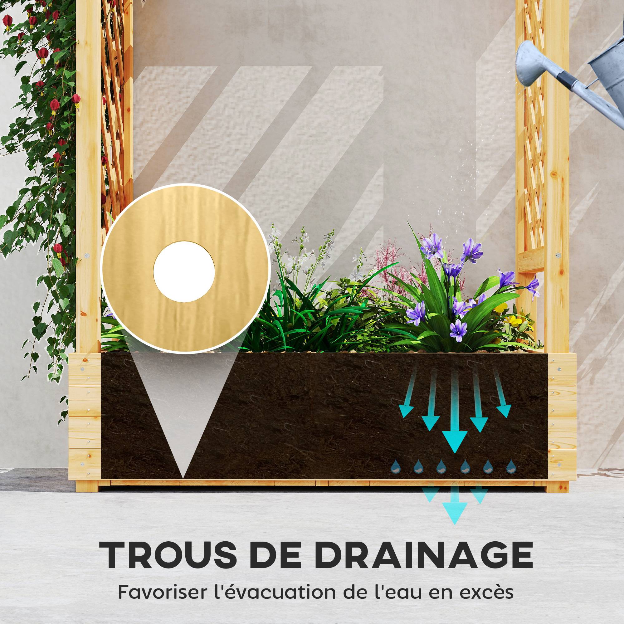 Sans Marque - Jardinière surélevée avec treillis latéral et supérieur, bac à fleurs trous de drainage, 110x44x113cm, bois naturel - Image 8