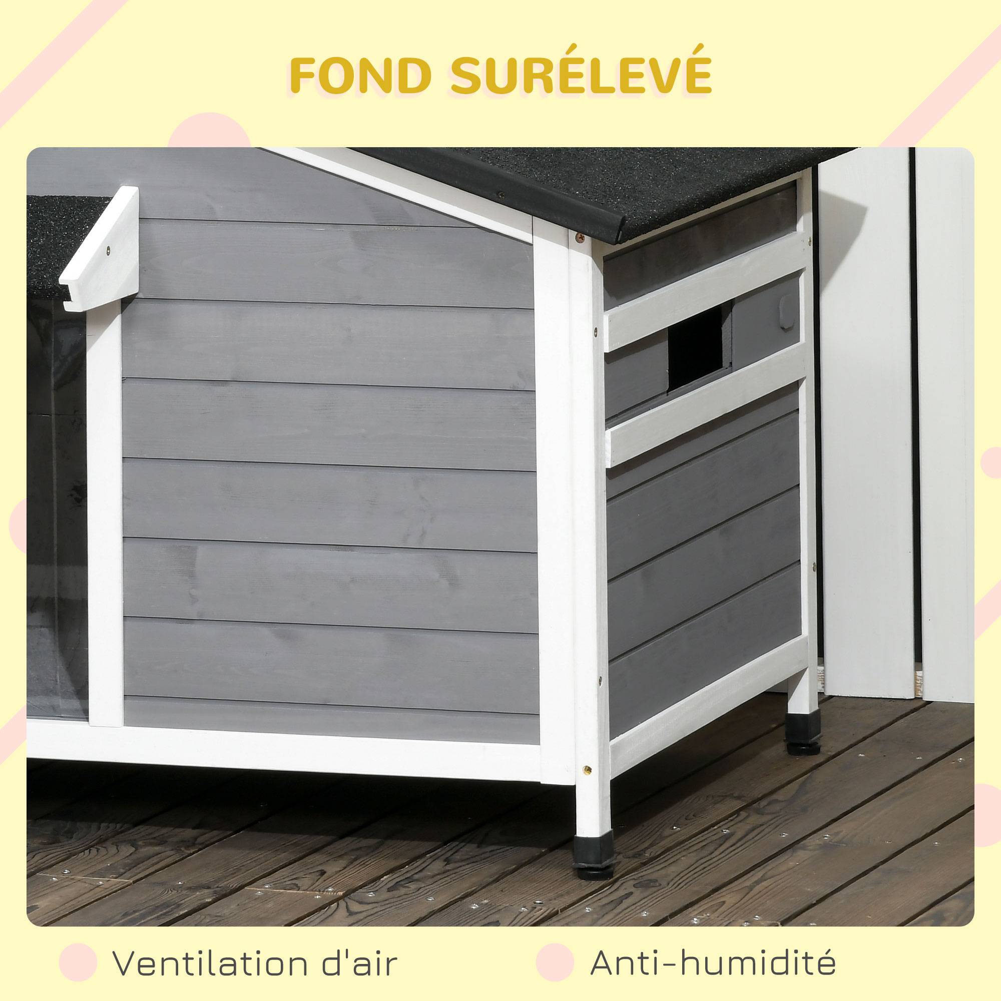 Niche chien style cottage - 2 fenêtres, porte, toit ouvrant bitumé - dim. 109 x 79 x 72 cm - bois sapin gris - Image 10