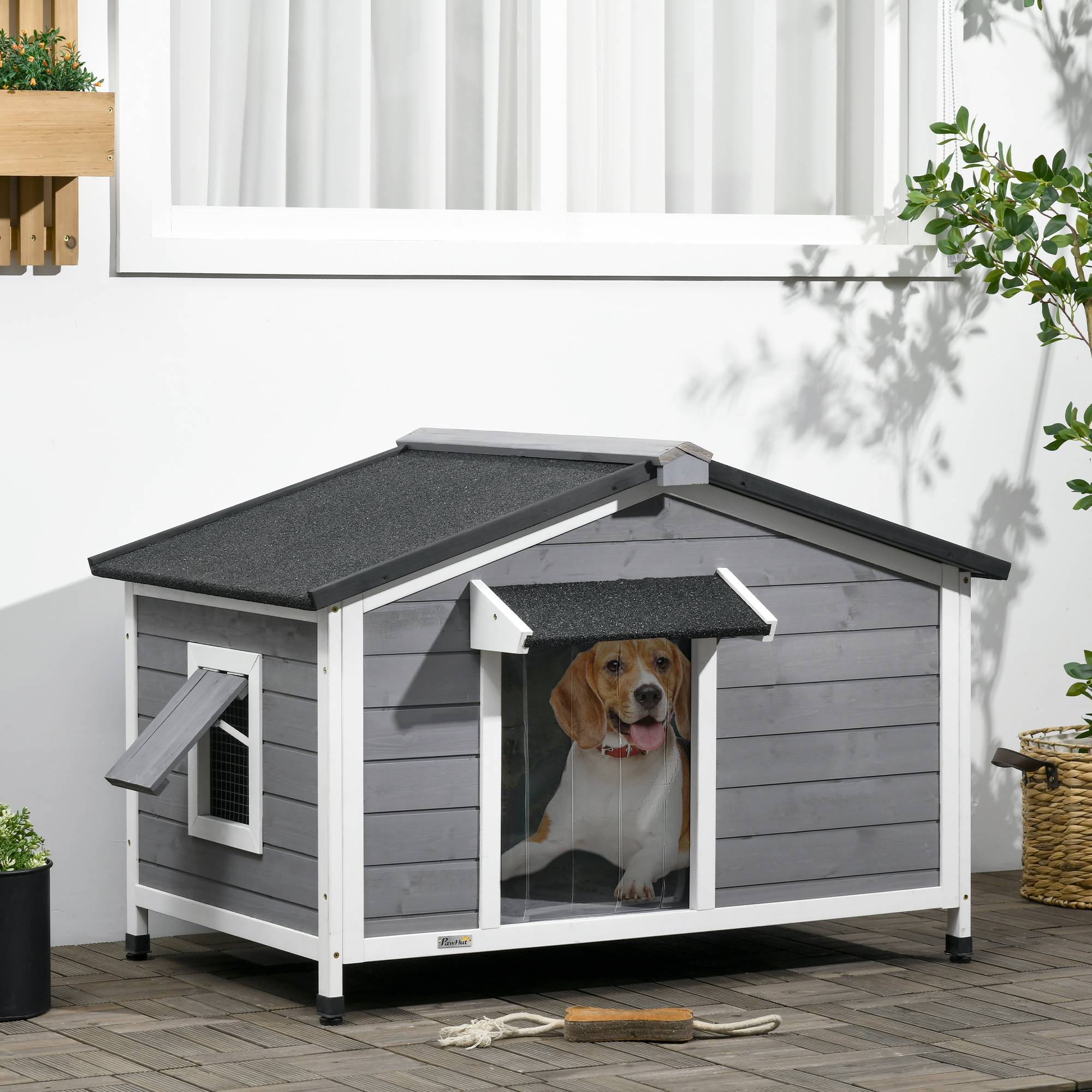 Niche chien style cottage - 2 fenêtres, porte, toit ouvrant bitumé - dim. 109 x 79 x 72 cm - bois sapin gris - Image 4