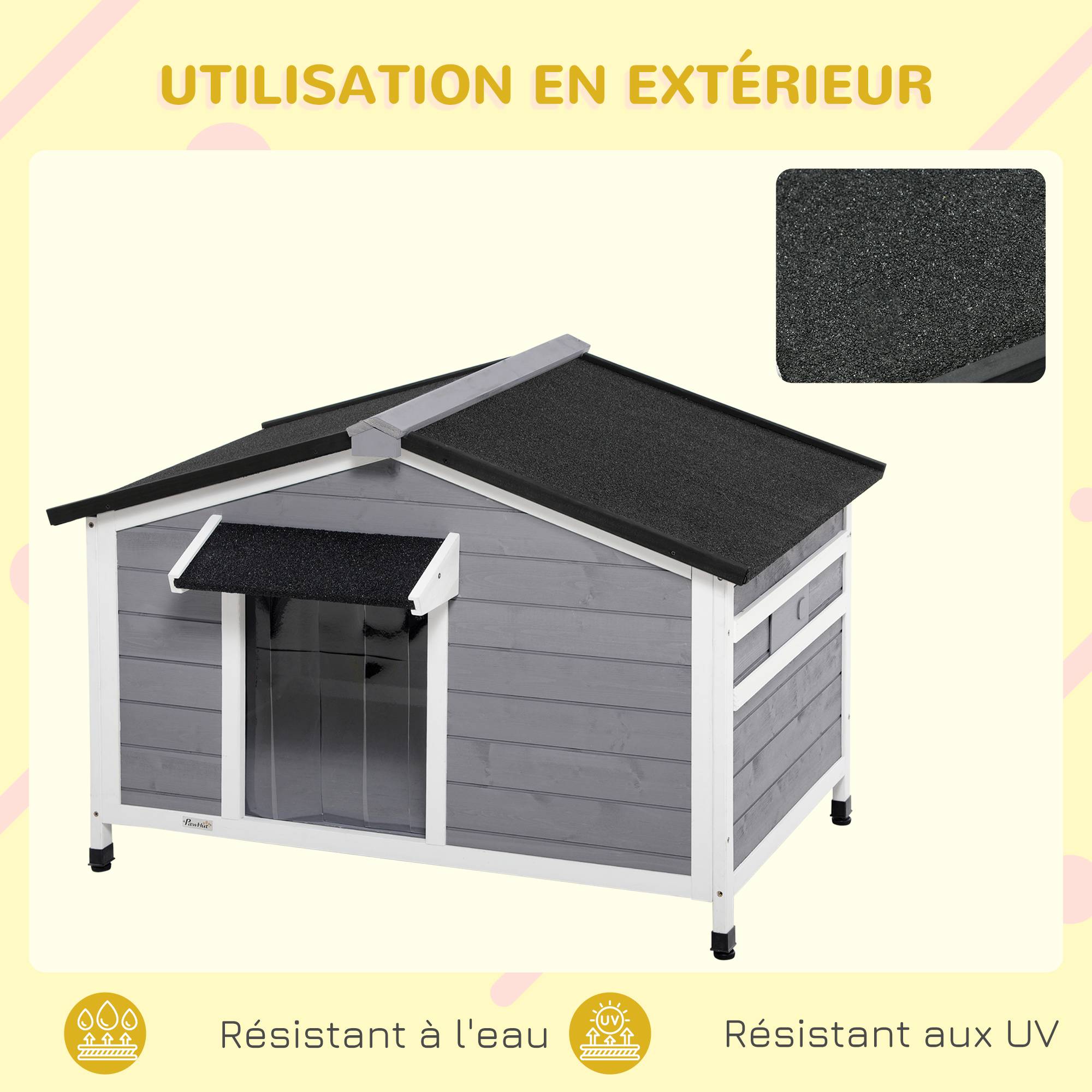 Niche chien style cottage - 2 fenêtres, porte, toit ouvrant bitumé - dim. 109 x 79 x 72 cm - bois sapin gris - Image 8