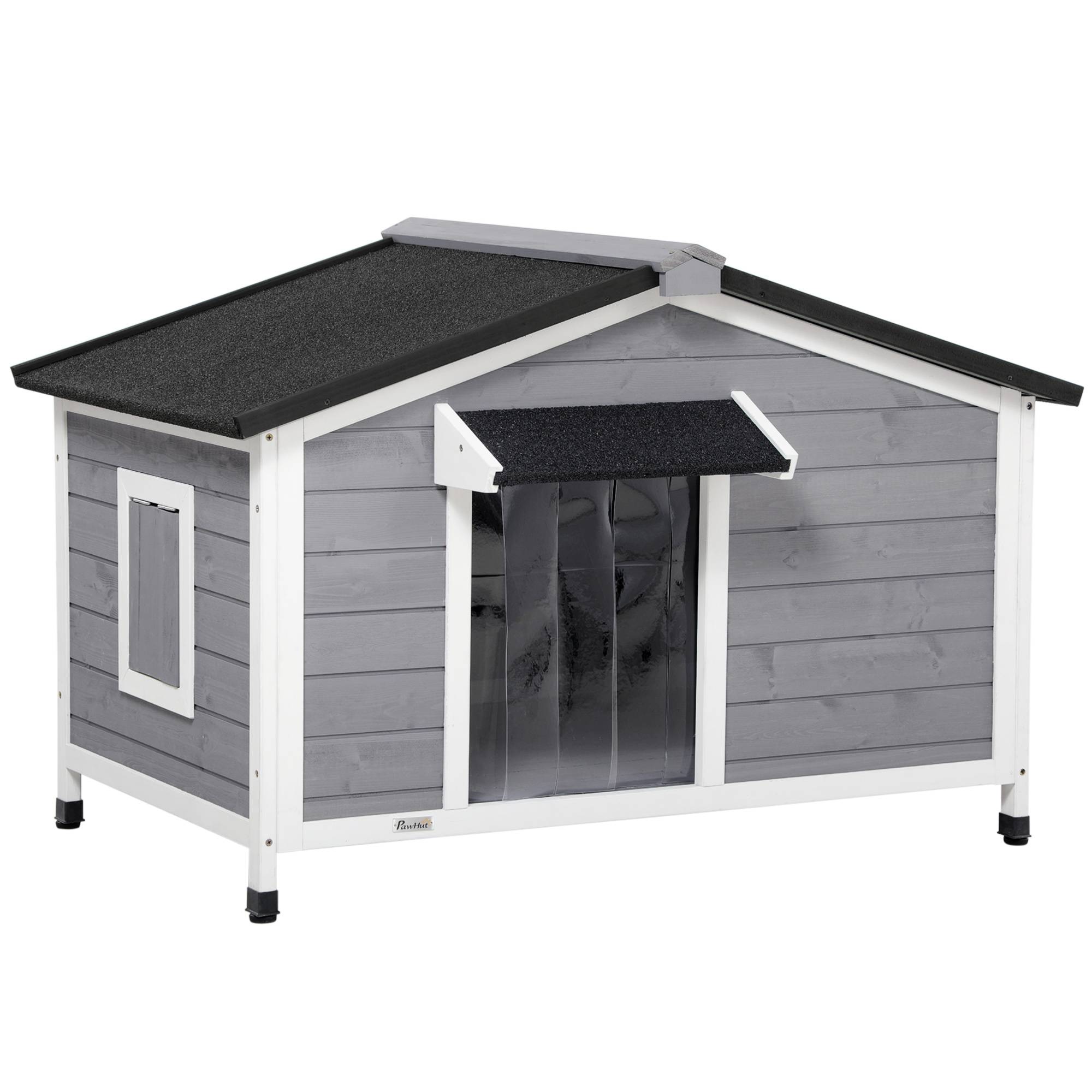 Niche chien style cottage - 2 fenêtres, porte, toit ouvrant bitumé - dim. 109 x 79 x 72 cm - bois sapin gris - Image 1