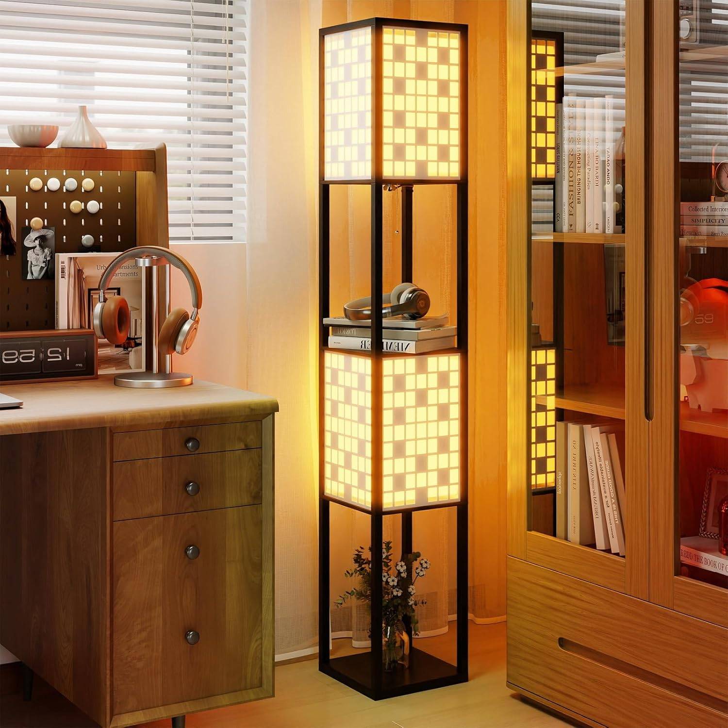 Costway - Lampadaire à Motif Quadrillé, Lampe sur Pied avec 2 Étagères & 2 Abat-jours, Interrupteur à Pied & Chaîne à Tirer, Douille E27 sans Ampoule, Lampadair - Image 2
