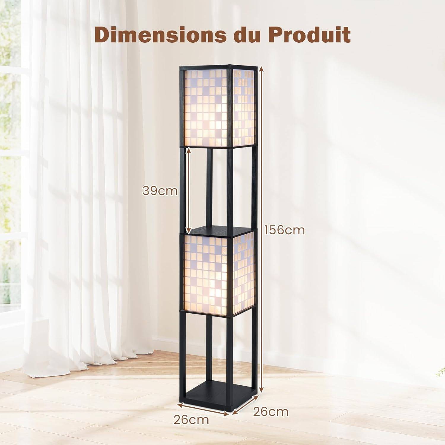 Costway - Lampadaire à Motif Quadrillé, Lampe sur Pied avec 2 Étagères & 2 Abat-jours, Interrupteur à Pied & Chaîne à Tirer, Douille E27 sans Ampoule, Lampadair - Image 4