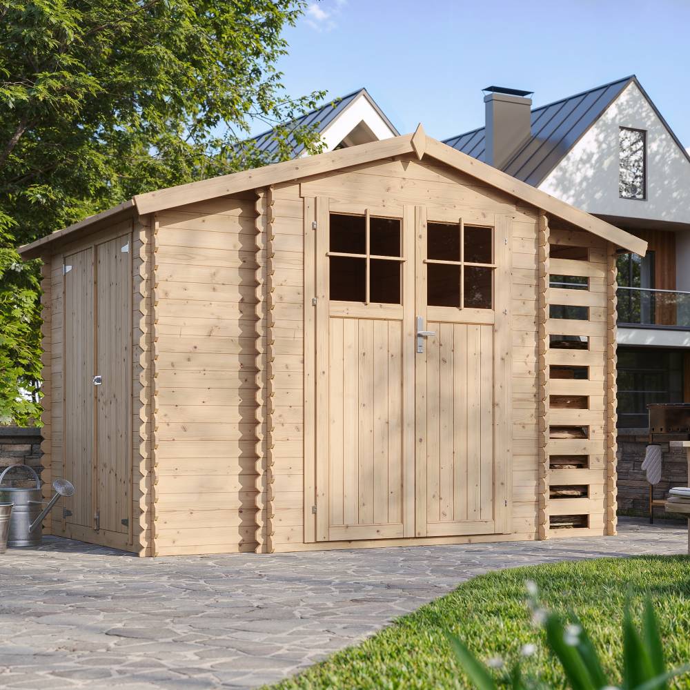 Timbela - Abri de jardin en bois et range bûches extérieur I206xL328xH218 cm / 3,53+0,97+0,97 m² - 19 mm d’épaisseur - Timbela M389F - Image 1